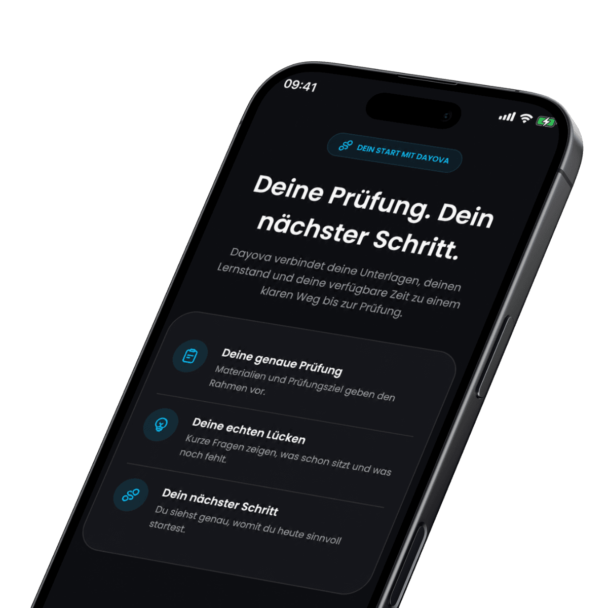 Dayova verbindet Prüfung, Lernstand und verfügbare Zeit mit dem nächsten sinnvollen Schritt